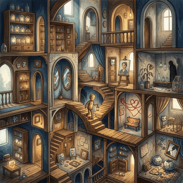 Whimsical multi-level house filled with rooms, staircases, art, and curiosities