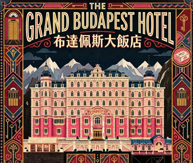 Art Deco poster for The Grand Budapest Hotel featuring the hotel, mountains, cast, and film title