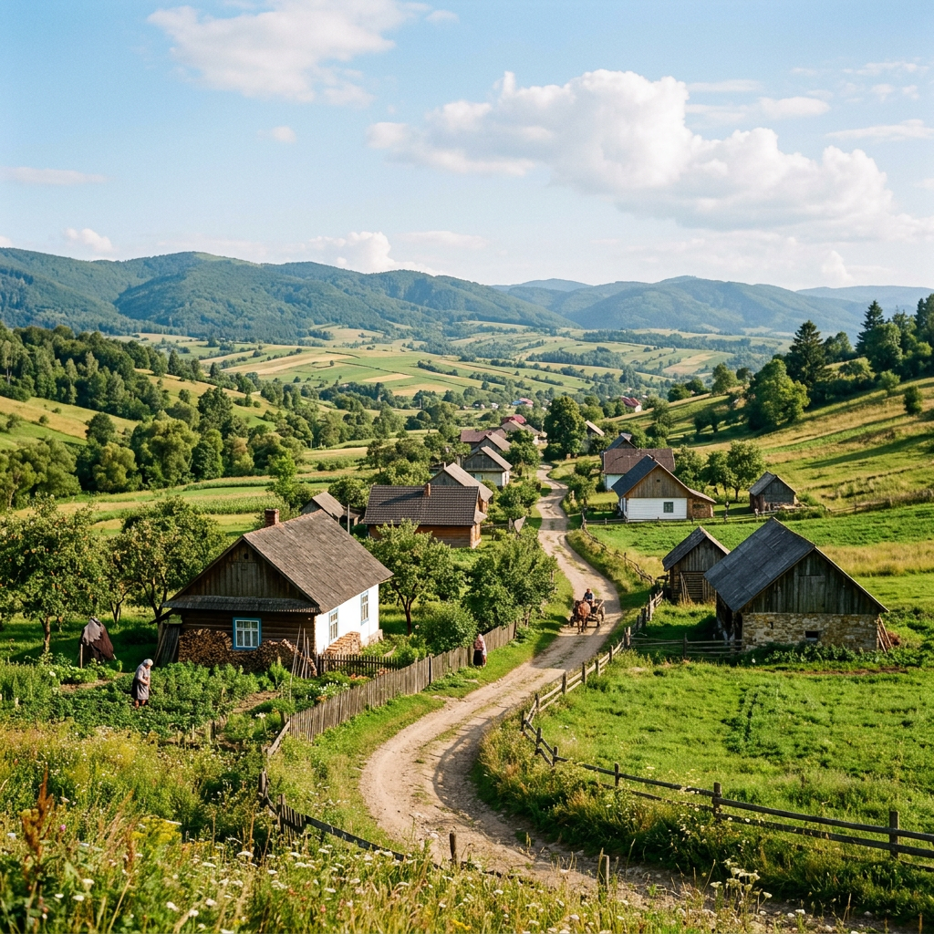 Traditional village with cottages, fields, and a winding road beneath forested mountains